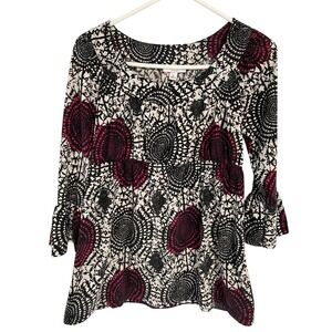 Liz Lange Maternity Top M Black White Print 3/4 Bell Sleeve Blouse Bohemian